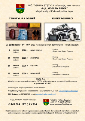 Grafika Wójt Gminy Stężyca informuje, że w ramach akcji „MOBILNY PSZOK” odbędzie się zbiórka odpadów typu: tekstylia, odzież i elektrośmieci